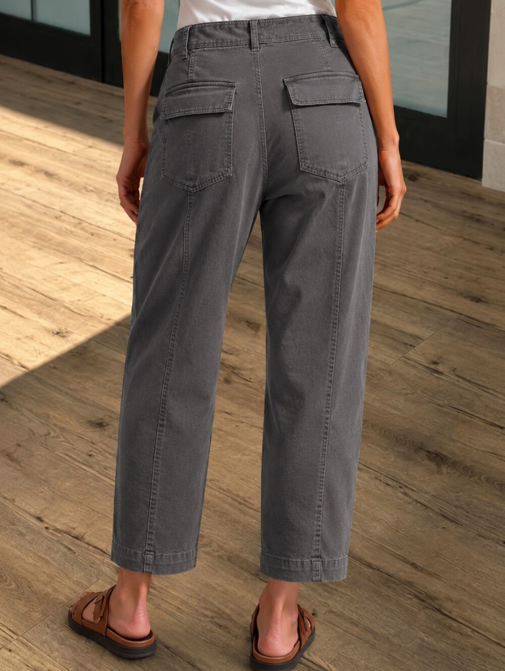 Flamingals Solid Stitch Detail Mid Waist Barrel Leg Crop Pants NWT XL - Picture 2 of 8